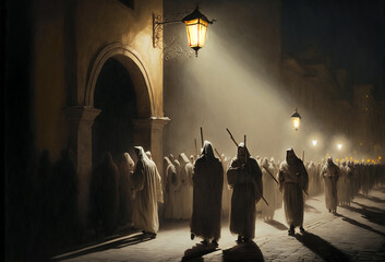 Fototapeta premium Night Procession of Nazarenes in Spain Illustration, Holy Week Procession, Hooded Penitents Parade, Generative AI