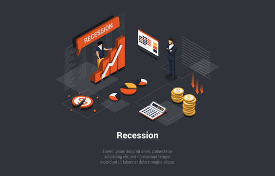 Concept Of Recession, Inflation, Bankruptcy. Decline in Manufacturing or Slowdown in Economic Growth, Mass Dismissal, Downtrend. People Losing Investments. Isometric Cartoon 3D Vector illustration
