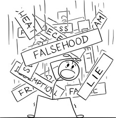 Person Buried Under Lies and Falsehood , Vector Cartoon Stick Figure Illustration