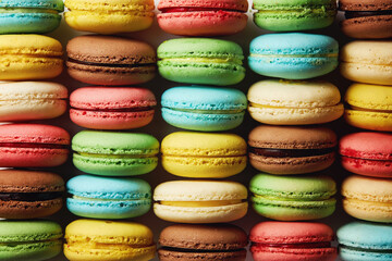 Variety of colorful french sweet dessert macaron with different fillings. 