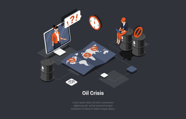 Oil Crisis Concept, Oil Embargo, Default, Economic Crisis In Petroleum Production. Woman Oil Price Analyst, Controls Oil Price, Make Advise At Stock Market. Isometric 3D Cartoon Vector illustration