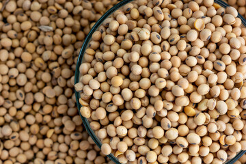 Closeup of soybeans in a glass bowl. 