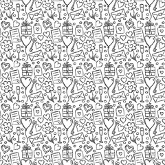 Valentine's day pattern. Seamless pattern with hearts, giftbox, flowers. Love background