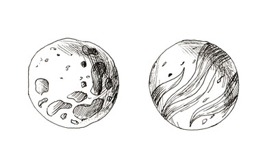 set of hand drawn planets icons. Flat doodle design