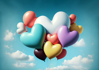 Fototapeta na wymiar Valentines day. Heart shape balloons bunch flying on blue sky background. AI generative