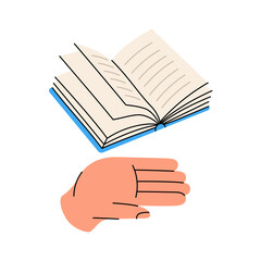 Hand with open book. Bookstore, library, book shop illustration. Read more. Literature, dictionaries, encyclopedias, planners.