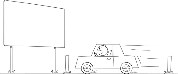 Car Moving Around Road Billboard , Vector Cartoon Stick Figure Illustration