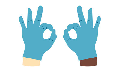 doctors hands in blue rubber gloves show ok gesture with fingers eps10