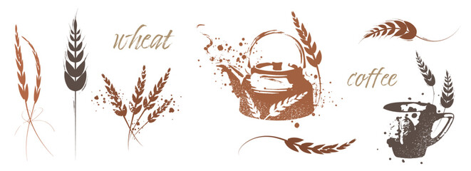 Grain plants silhouettes and cereal bowls. Coffee cups, beans and breakfast elements. Wheat, barley and ears of corn. Vector sketch illustration for food packaging design template.