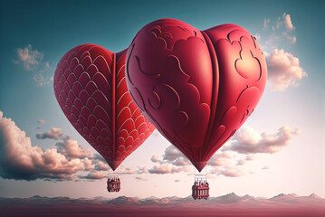 Fototapeta premium Valentines day, love is in the air. Two heart shape red hot air balloons flying on sky at sunset. AI generative