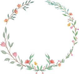 Fototapeta na wymiar Flower wreath watercolor hand paint, Floral wreath with leaves frame, Cute hand drawn floral wreath watercolor clipart transparent png