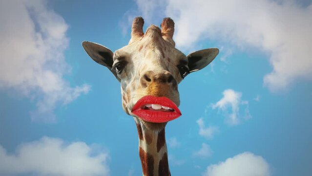Giraffe Talking Funny Mouth Lips Blue Sky Background. Female giraffe with funny mouth with red lipstick talking over a blue sky background