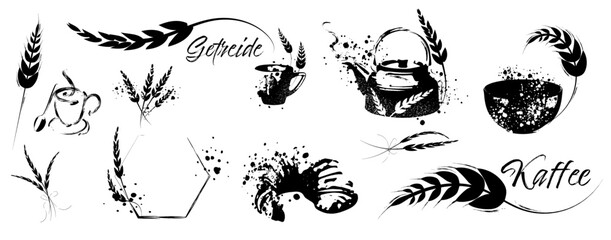 Grain plants silhouettes and cereal bowls. Coffee cups, beans and breakfast elements. Wheat, barley and ears of corn. Vector sketch illustration for food packaging design template.