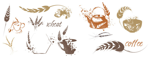 Grain plants silhouettes and cereal bowls. Coffee cups, beans and breakfast elements. Wheat, barley and ears of corn. Vector sketch illustration for food packaging design template.