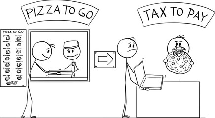 Tax Eating From Your Pizza, Financial Concept , Vector Cartoon Stick Figure Illustration