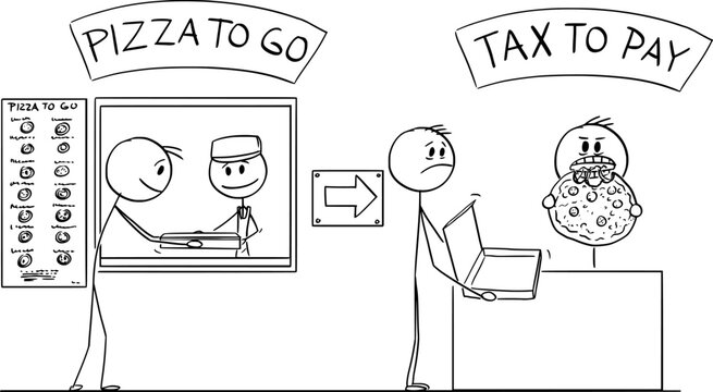 Tax Eating From Your Pizza, Financial Concept , Vector Cartoon Stick Figure Illustration