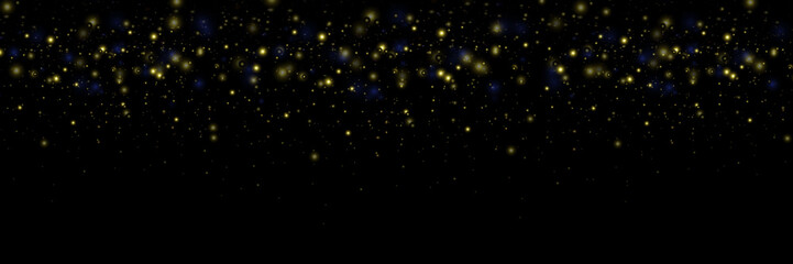 Golden effect glow, glare, explosion, glitter, sun glare, sparks and stars on black background
