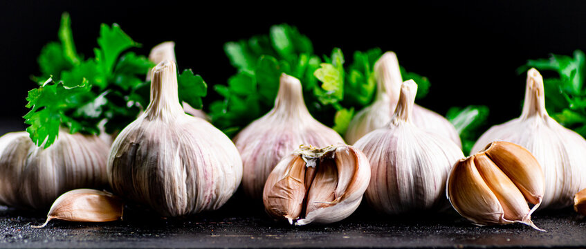 Fragrant garlic with parsley on the table. 