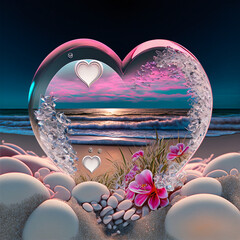 Beautiful glass Love Heart and flowers on the beach 