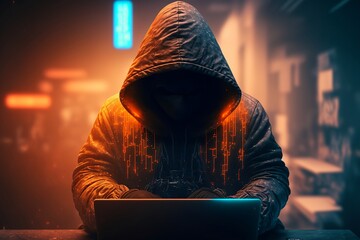 Abstract hooded hacker with hidden face, working on laptop,Technology cyberpunk background ,Cinematic ,Generative ai - obrazy, fototapety, plakaty