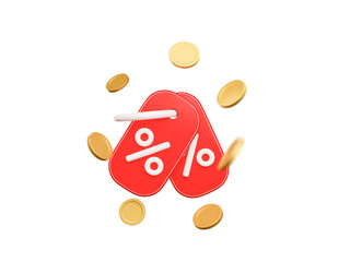 3d red coupon voucher with flying coins on isolated background. Red and white colors. Promotion for your ads with discount voucher. 3d rendering illustration..