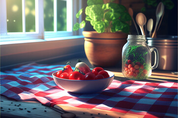Mesa con tomates sobre una mesa de cocina - Food Table in kitchen - Generative AI - obrazy, fototapety, plakaty