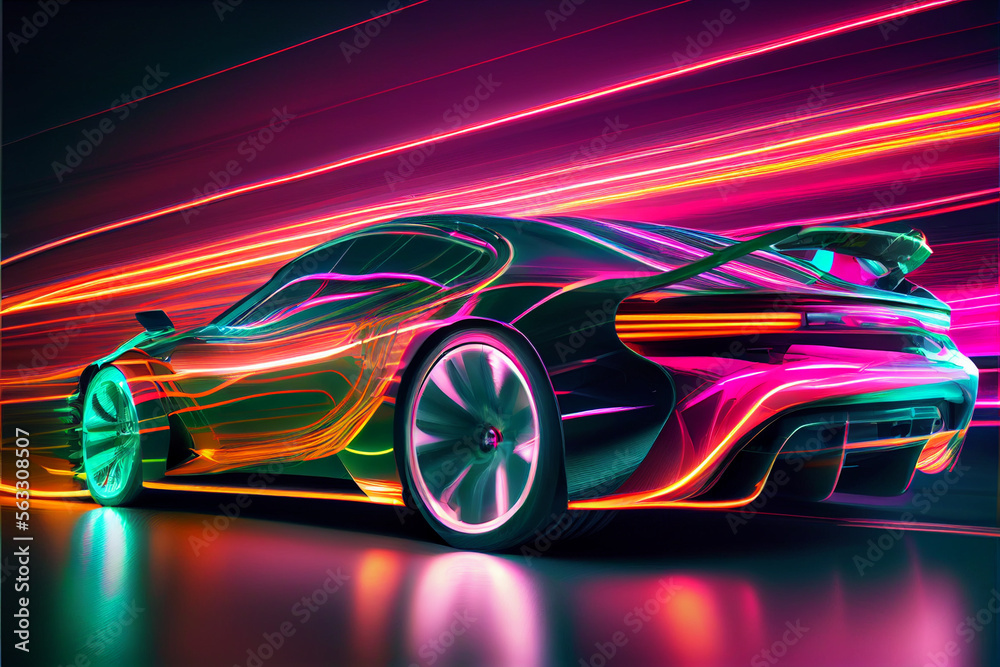 Poster beautiful abstract car driving fast with colourful light trails. generative ai technology