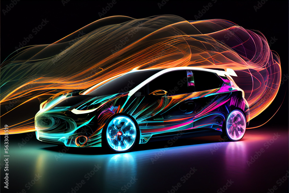 Poster beautiful abstract car driving fast with colourful light trails. generative ai technology