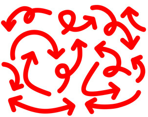 Red Hand Drawn Arrows Set on White Background. Arrow, Cursor Icon. Vector Pointers Collection. Back, Next Web Page Enter.