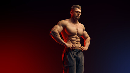 Strong man with muscular body. Sexy male bare torso. Shirtless athletic hot shirtless guy with abs posing holding his hands on belt - Powered by Adobe