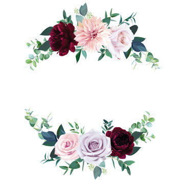 floral arrangements of peony, dahlia, roses and leaves. Botanic decoration illustration for wedding card, fabric, and logo composition