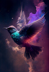 Abstract digital bird concept on a nebula dust in infinite space background. Mixed media