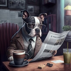 Dog in Formal Attire Reading a Newspaper Illustration Generated by Artificial Intelligence
