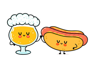 Cute, funny happy glass of beer and hot dog. Vector hand drawn cartoon kawaii characters, illustration icon. Funny cartoon glass of beer and hot dog mascot friends concept