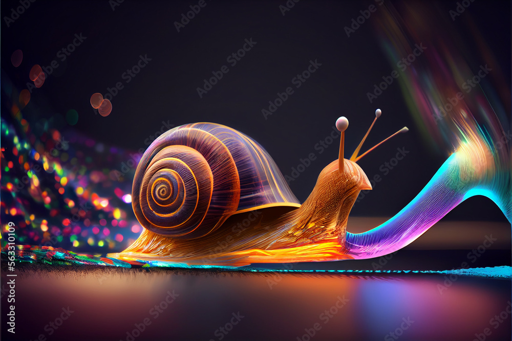 Poster beautiful abstract snail driving fast with colorful light trails.