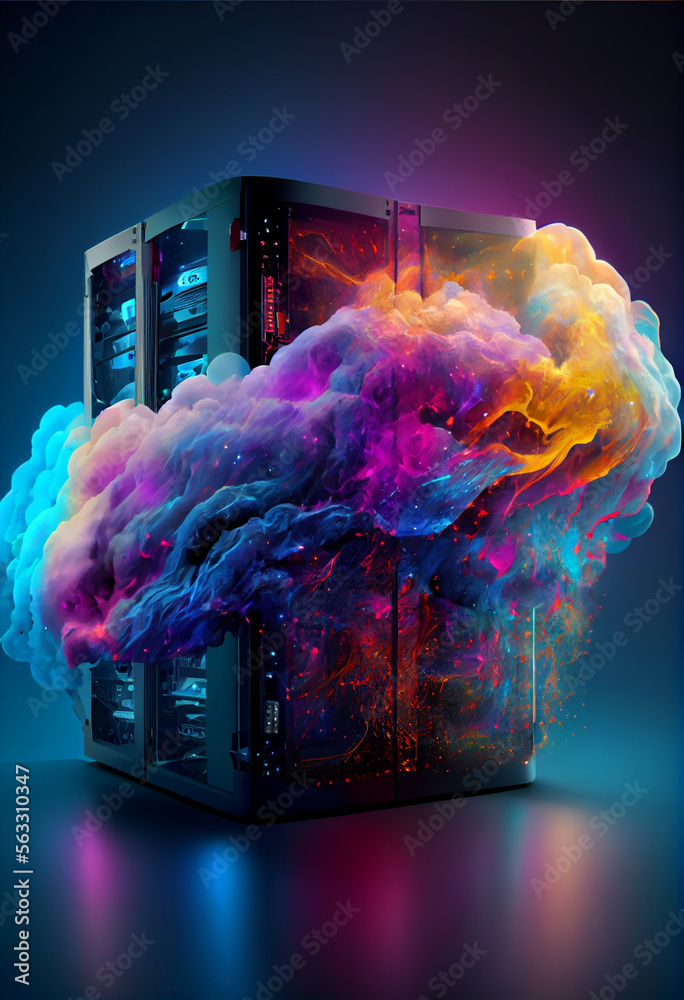 Poster beautiful abstract digital cloud data server with nebula dust concept, contemporary colors and mood 