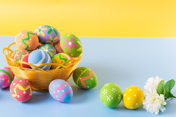 Easter eggs many color in basket for easter background