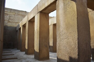 Massive Pillars within the Valley Temple of Khafre, also known as the Granite Temple. Khafre's...