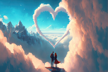 Beautiful sky heart - Above the clouds series - valentines day picture - Romantic, Lovely Valentine background wallpaper created with Generative AI technology