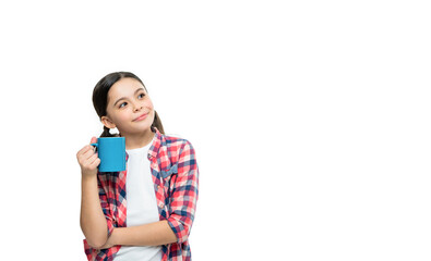smiling teen girl with morning coffee in studio. teen girl with morning coffee on background.
