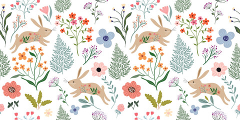 Spring seamless pattern with floral design and cute bunnies, different flowers and plants, seasonal wallpaper