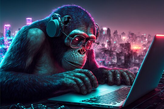 Abstract hooded hacker chimpanzee ,monkey, working on laptop, Technology cyberpunk background,Cinematic,Generative ai