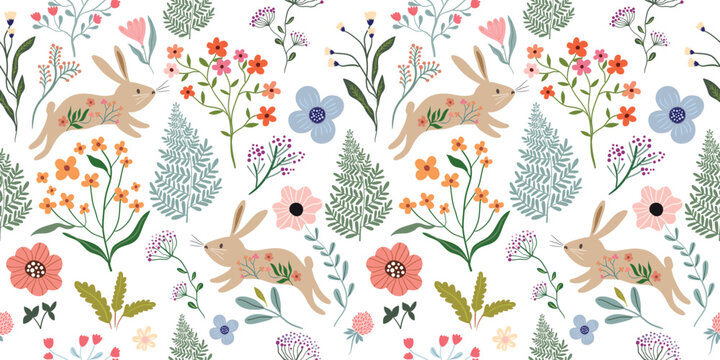 Spring Seamless Pattern With Floral Design And Cute Bunnies, Different Flowers And Plants, Seasonal Wallpaper