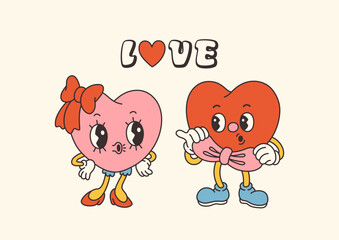 Retro Groovy Valentines day characters with slogans about love. Trendy 70s cartoon style. Card, postcard, print vector