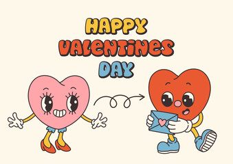 Retro Groovy Valentines day characters with slogans about love. Trendy 70s cartoon style. Card, postcard, print vector