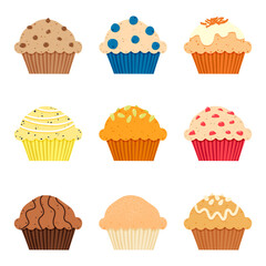 Muffins set, different toppings. Blueberries, carrot, lemon, pumpkin, strawberry, chocolate, apple, cinnamon, banana. Vector illustration on white background. Vector illustration on white background.