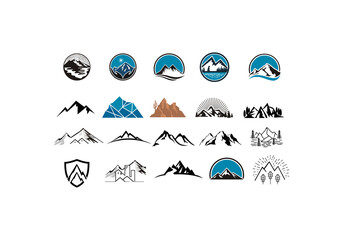 Mountain logo flat vector illustration set. logo stamp collection of rocky mountain top peaks, camping outdoor adventure - obrazy, fototapety, plakaty