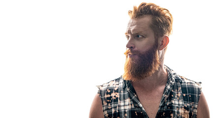 brutal bearded man in studio, copy space. brutal bearded man on background.