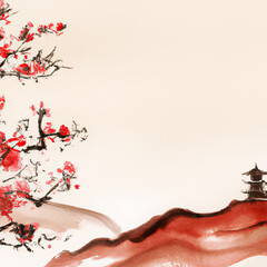 Obraz na płótnie Canvas Digital art of asian landscape with pagoda, hills and blooming trees in tradtional watercolor style of sumi-e with copy space generative ai illustration