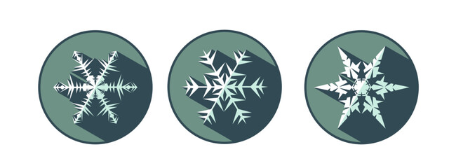 Set of three stylish white snowflakes with shadows. New Year's attributes in trendy colors of 2023. The illusion of a three-dimensional image.